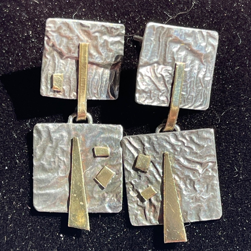 Vintage MCM Handmade Artisan Sterling Silver Brass Articulated Earrings